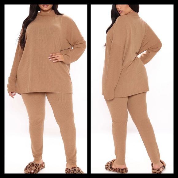 2/$30 Fashion Nova Curve Ribbed Mocha Long Sleeve Loungewear 2 Pc Set Plus Sz 2X - Picture 2 of 8
